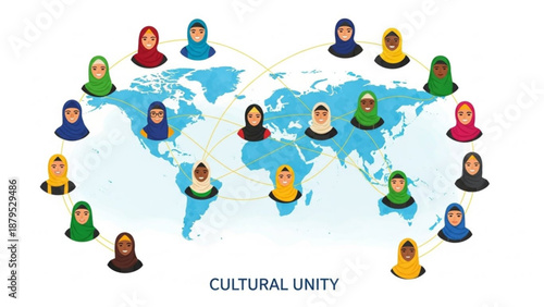 Diverse people in headscarves connect around the world map for cultural unity and global