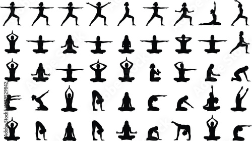 Yoga poses silhouette collection, black yoga icons, fitness postures, meditation positions, wellness exercise, body balance, stretching, mindfulness, flexibility, calm