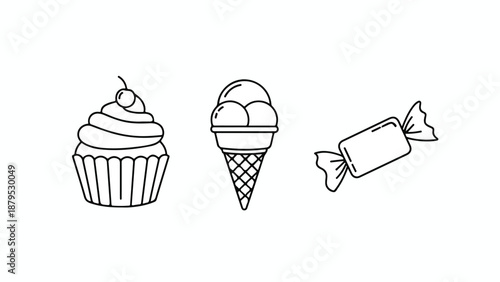 Cupcake, Ice Cream Cone, and Candy Outline Icons Set Vector Illustration