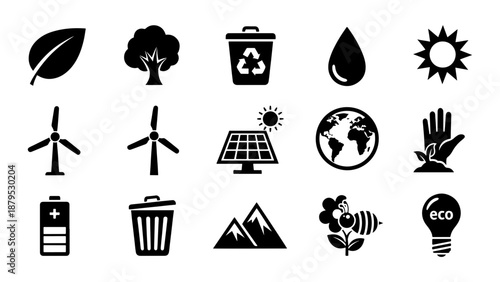 eco friendly icons featuring various environmental symbols and silhouette style graphics silhouette high quality professional detailed modern elegant stylish clean crisp vibrant