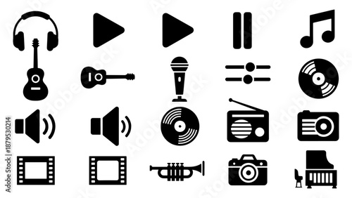 a collection of black musical instrument and audio equipment icons including headphones guitars microphones and speakers presented in a bold silhouette