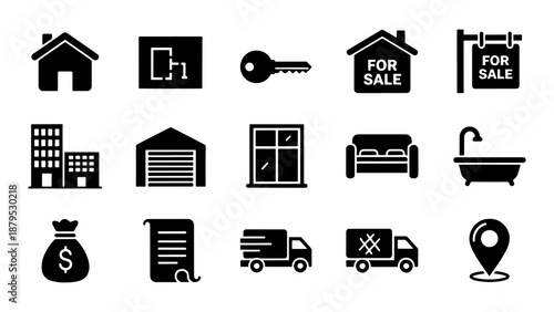 a collection of black glyph icons depicting real estate elements such as houses keys and related services presented in silhouette high quality