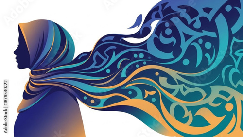 Woman wearing hijab with flowing decorative headscarf in blue and orange hues on white background