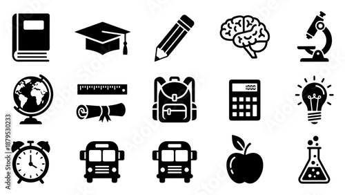 a collection of black glyph icons representing education science travel and time including books a globe and a bus silhouette high quality