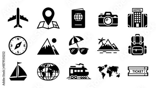 a collection of travel icons including airplane map passport camera hotel mountain sun and world globe silhouette high quality professional detailed modern