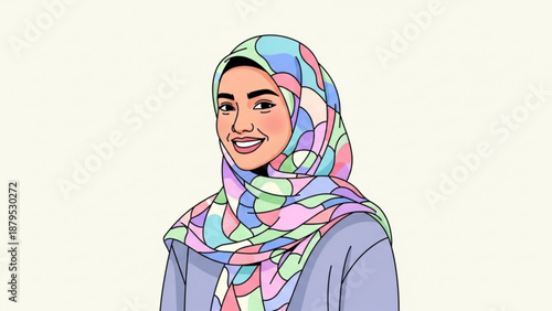 Smiling young woman wearing colorful hijab and casual outfit illustration