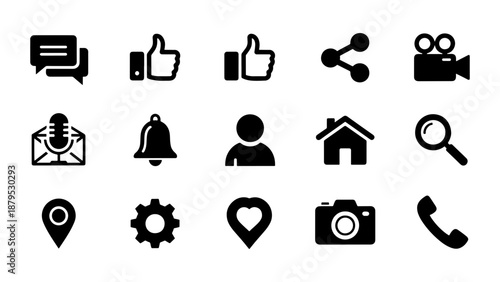 a collection of various black social media and communication icons including chat bubbles likes shares and a distinct human silhouette high quality
