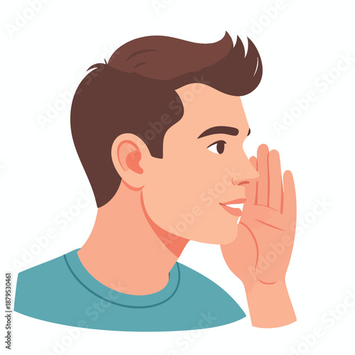 Man whispering with hand near mouth, illustration of a person sharing a secret in a calm environment viewed from the side