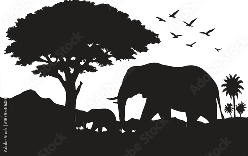 African savanna silhouette featuring an elephant family under a sprawling tree