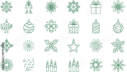 Collection of green Christmas icons including snowflakes, gifts, ornaments, and candles