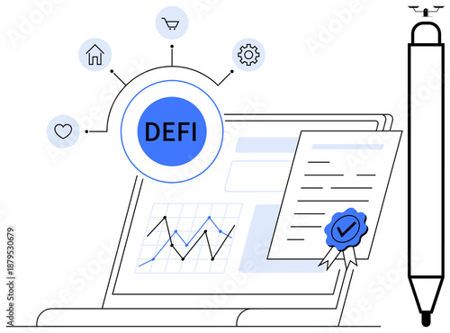 Blockchain technology, digital finance, fintech trends, secure transactions, cryptocurrency, data visualization. Laptop with charts, icons certificate and DEFI label. Blockchain technology
