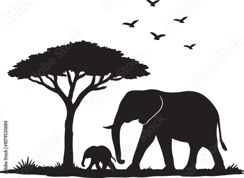 African savanna scene featuring an elephant family and soaring birds