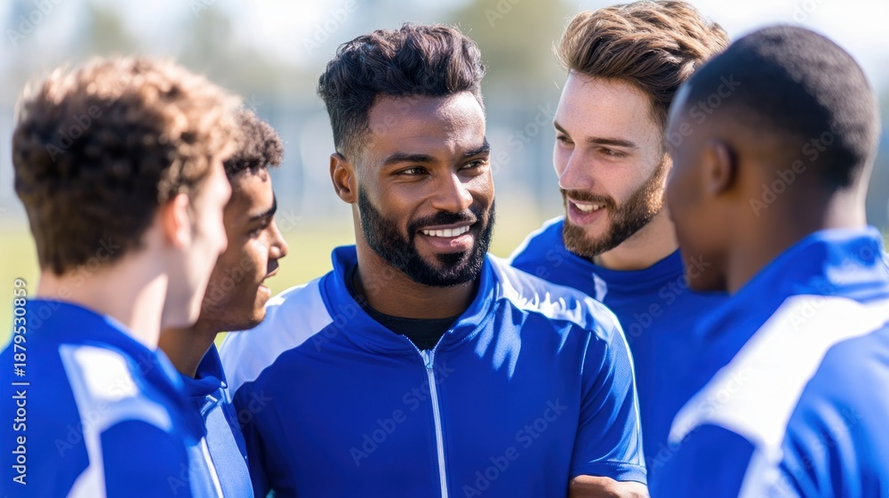 Obraz premium Diverse male athletes in blue uniforms chatting outdoors teamwork concept