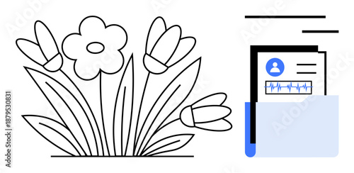 Nature symbolism, health records, environment, medical documentation, patient care, data storage. Black and white flowers with a file holding personal medical data. Environment and health records