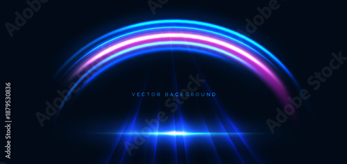 Blue and pink curved rays glowing on dark background. Speed motion moving concept.