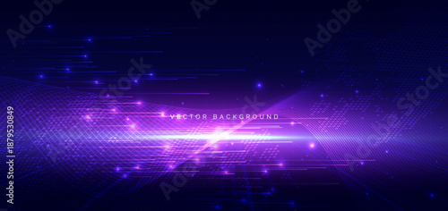 Technology futuristic glowing blue and pink wave lines on dark background.