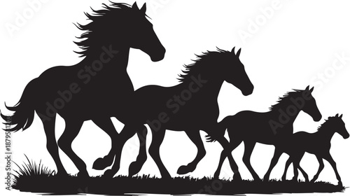 Silhouette of a wild horse family running across grassy terrain