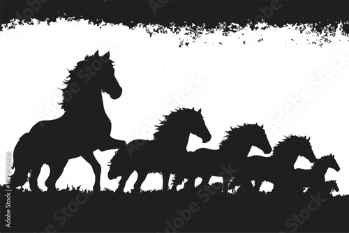 Silhouette of a herd of horses running across a grassy plain