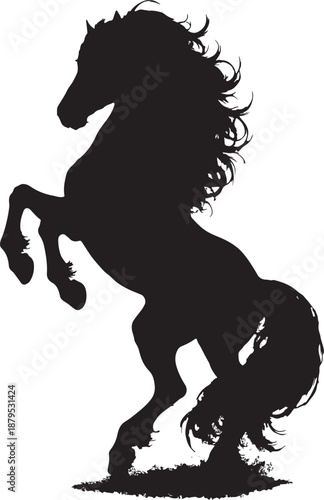 A striking silhouette of a rearing horse with a flowing mane and tail