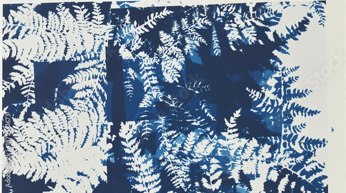 Abstract Cyanotype of Fern Leaves with Layered Blue and White Patterns