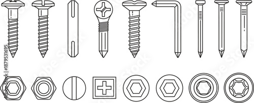 black and white line drawing of various screws and nuts