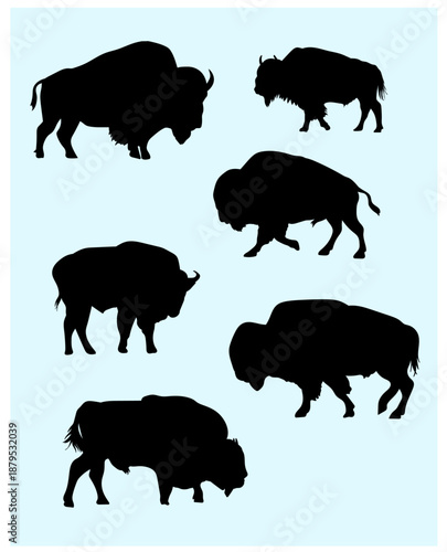 Bison Silhouette Set in Different Poses, American Buffalo Animal Vector Illustration.