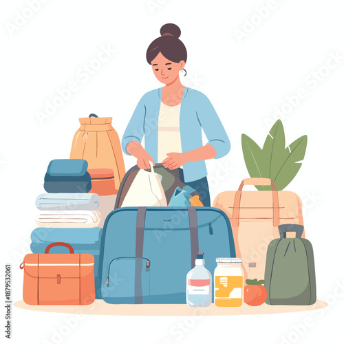 Woman preparing for a trip, packing luggage with various travel essentials and clothing items in a well-organized manner