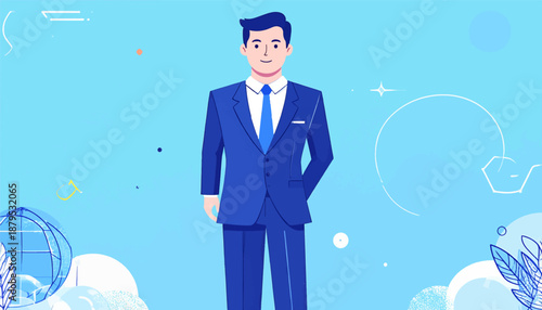 Professional man in a blue suit with a tie stands against a sky-blue backdrop with abstract elements and a globe