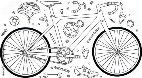 Bicycle parts line drawing, bike components illustration, cycling gear sketch, road bike diagram, black and white vector, mechanical accessories art