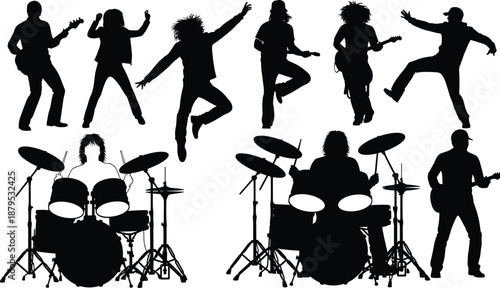 Live band performance silhouette icon set, guitar drum microphone vector, music stage graphic, black concert design, entertainment energy art