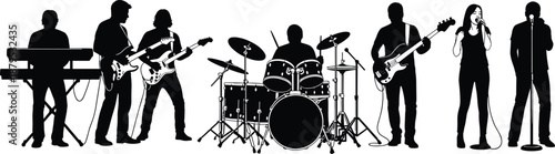 Live band silhouette illustration, music performance vector, singer guitarist drummer keyboard icon, black stage graphic, concert energy design
