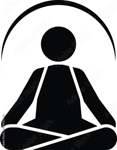 Meditation posture silhouette icon, cross-legged figure vector, mindfulness aura graphic, spiritual practice design, black yoga illustration, inner peace art