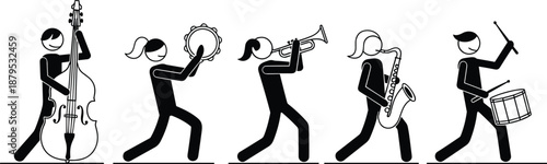 Marching band stick figure illustration, musical instrument icon set, parade performance vector, black silhouette graphic, music group design art