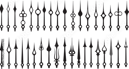 Monochrome vector set of isolated analog clock components including hour and minute hand pairs, time pointers and watch arrows in various shapes and sizes for accurate timekeeping eps