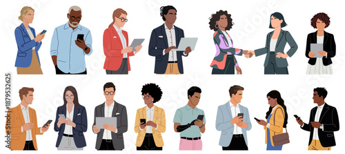 Set of diverse business people using phones and tablets, modern corporate style with clean lines and solid colors.Flat minimalist vector illustration isolated on transparent background