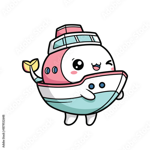 Cartoon boat character smiling with a spatula in a kitchen setting with a cheerful mood