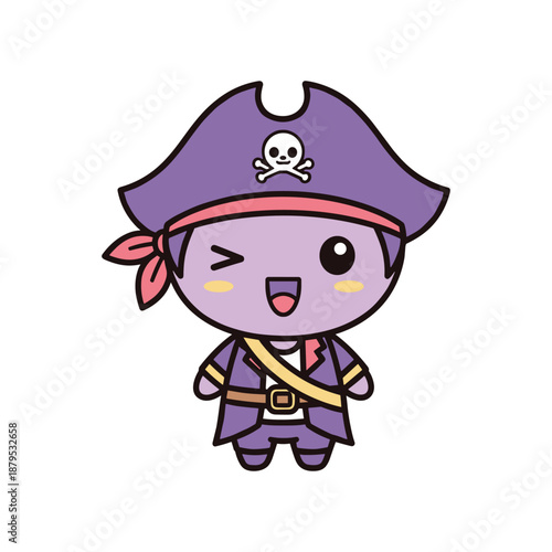 Cute cartoon pirate character with purple costume and hat on white background