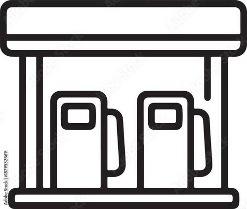 Gas station icon simple line art illustration of fuel pumps under a canopy representing transportation and energy services isolated on white background