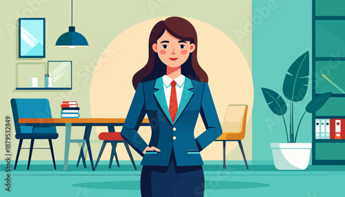 Professional woman in a suit stands confidently in a modern office setting with desk and chairs