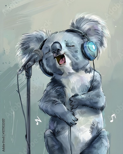 Expressive koala wearing headphones and singing passionately into a microphone on a stylized background with musical notes
