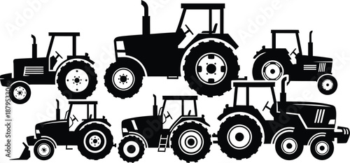 Modern and vintage agricultural tractor vector silhouette collection isolated on white background