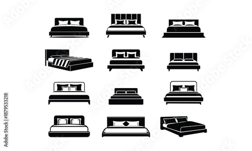 Double Bed Icon Vector Set, Modern Minimalist Bedroom Furniture Interior Silhouettes, Black and White