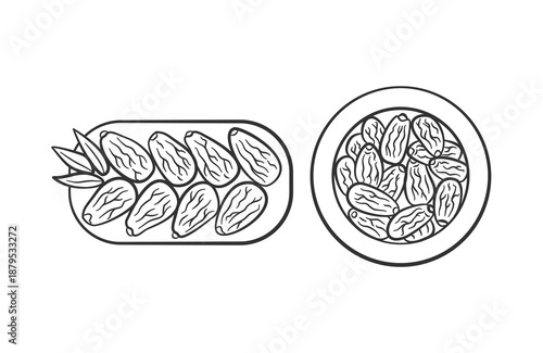 Date fruit hand drawn illustration pack. Set of Ramadan food doodle vector design. Ramadan date palm fruits on a plate doodle illustration collection.