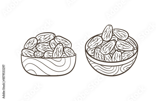 Date fruit hand drawn illustration pack. Set of Ramadan food doodle vector design. Ramadan date palm fruits in a bowl doodle illustration collection.