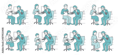 スクラブを着た男性医師の聴診イラスト全種セット（老若男女・妊婦・小児）