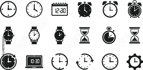 collection of clock and watch icons on white background