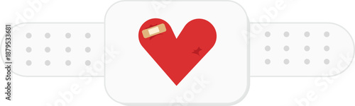 Flat vector illustration of a red heart with a small bandage in the center of an adhesive plaster. This design symbolizes healing, care, love, recovery, and emotional or physical health.