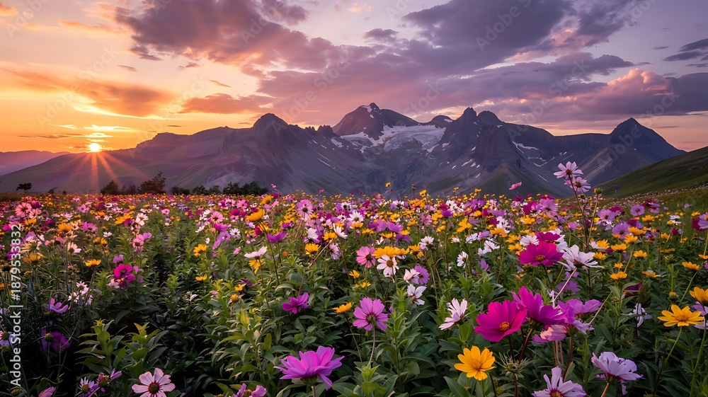 Obraz premium Vibrant wildflowers in full bloom under a breathtaking mountain sunset sky high quality professional detailed modern elegant stylish clean crisp colorful