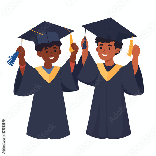 Two young male graduates in caps and gowns celebrating their achievement together
