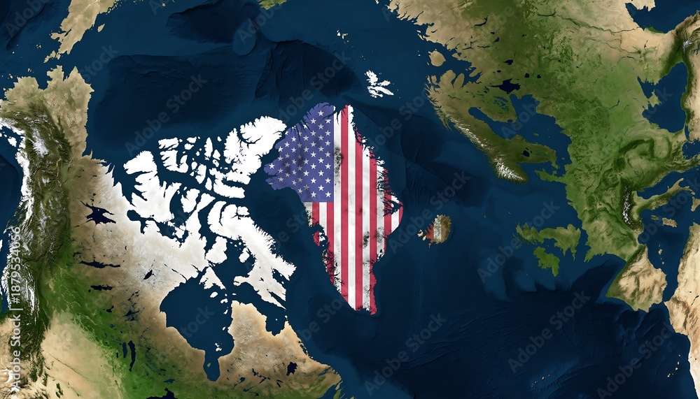 Fototapeta premium An aerial view depicts Greenland overlaid with the American flag showcasing a conceptual blend of geography and national identity high quality